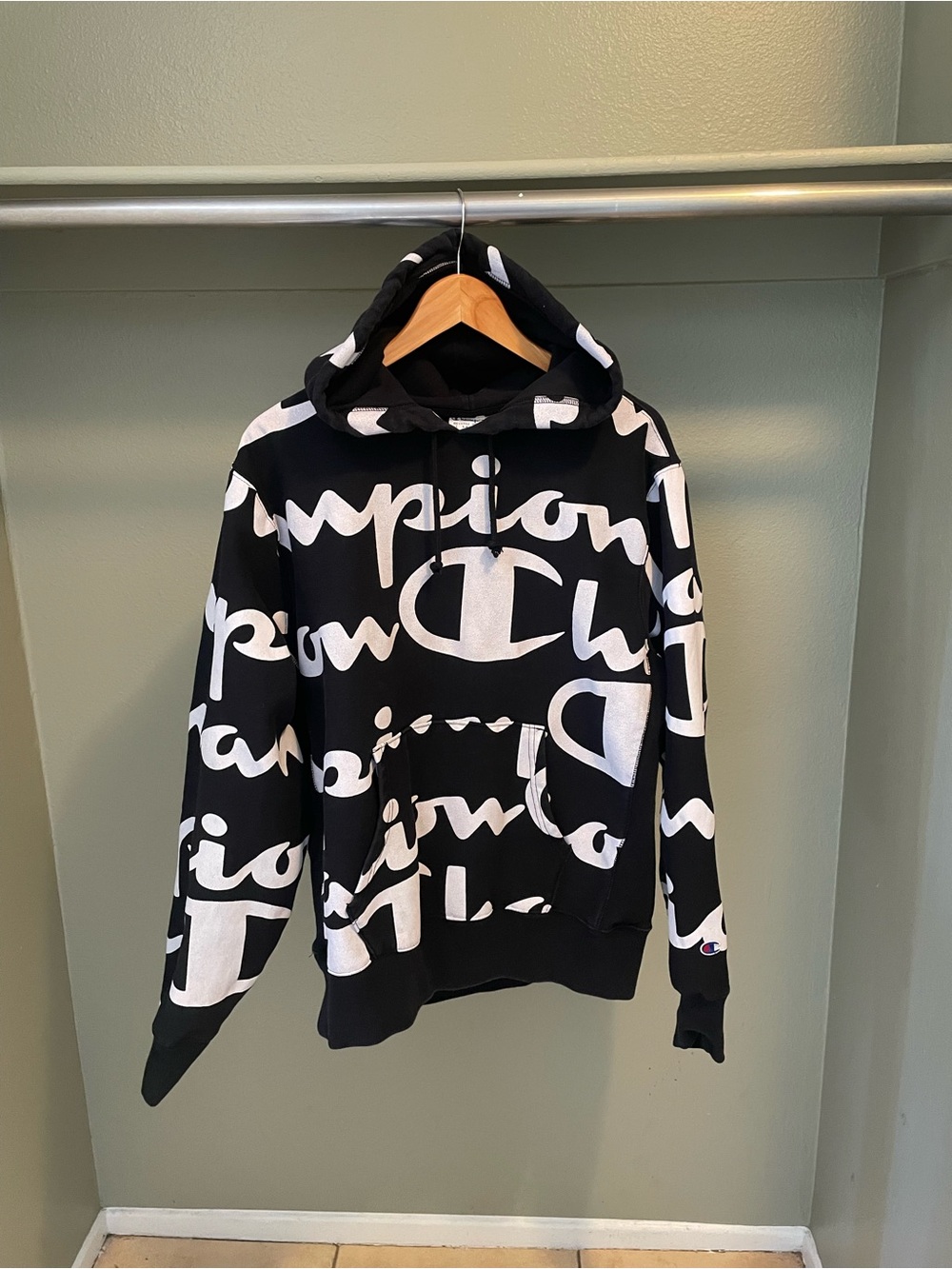 Champion Black Hoodie with White All-Over Logo Print